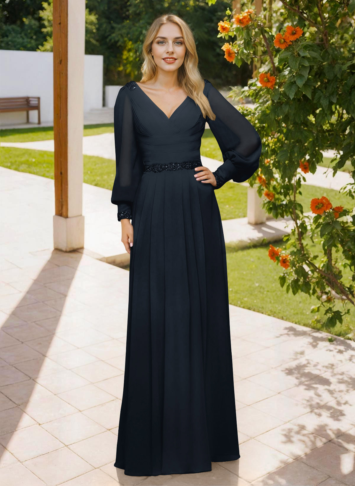 Long Sleeves V-Neck A-Line Lace Beading Bridesmaid Dresses, image 3