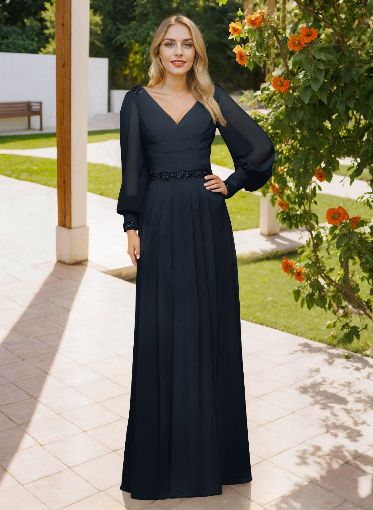 Long Sleeves V-Neck A-Line Lace Beading Bridesmaid Dresses, image 3