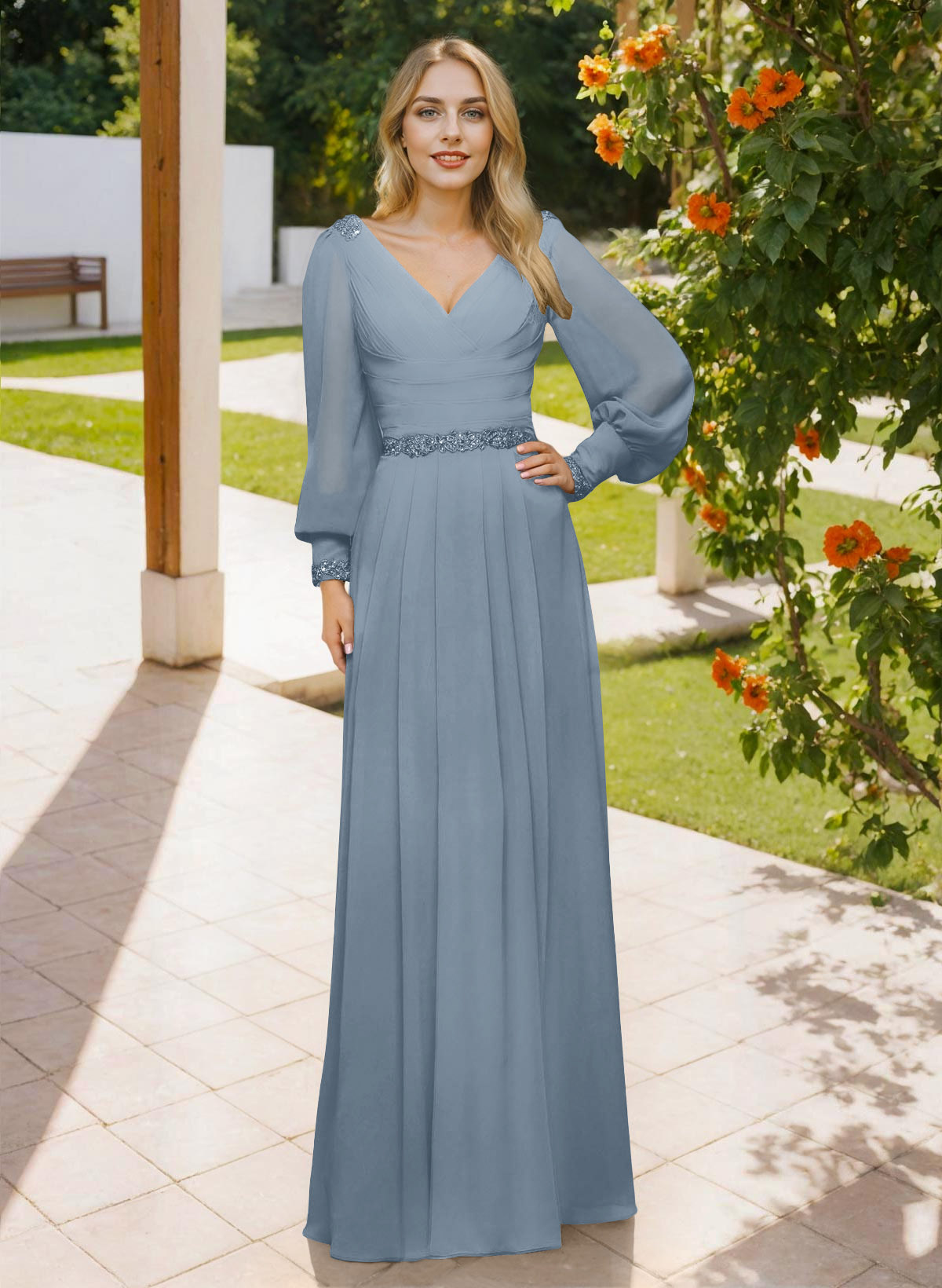 Long Sleeves V-Neck A-Line Lace Beading Bridesmaid Dresses, image 7