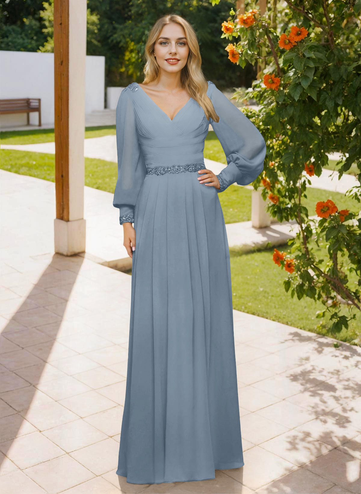 Long Sleeves V-Neck A-Line Lace Beading Bridesmaid Dresses, image 7