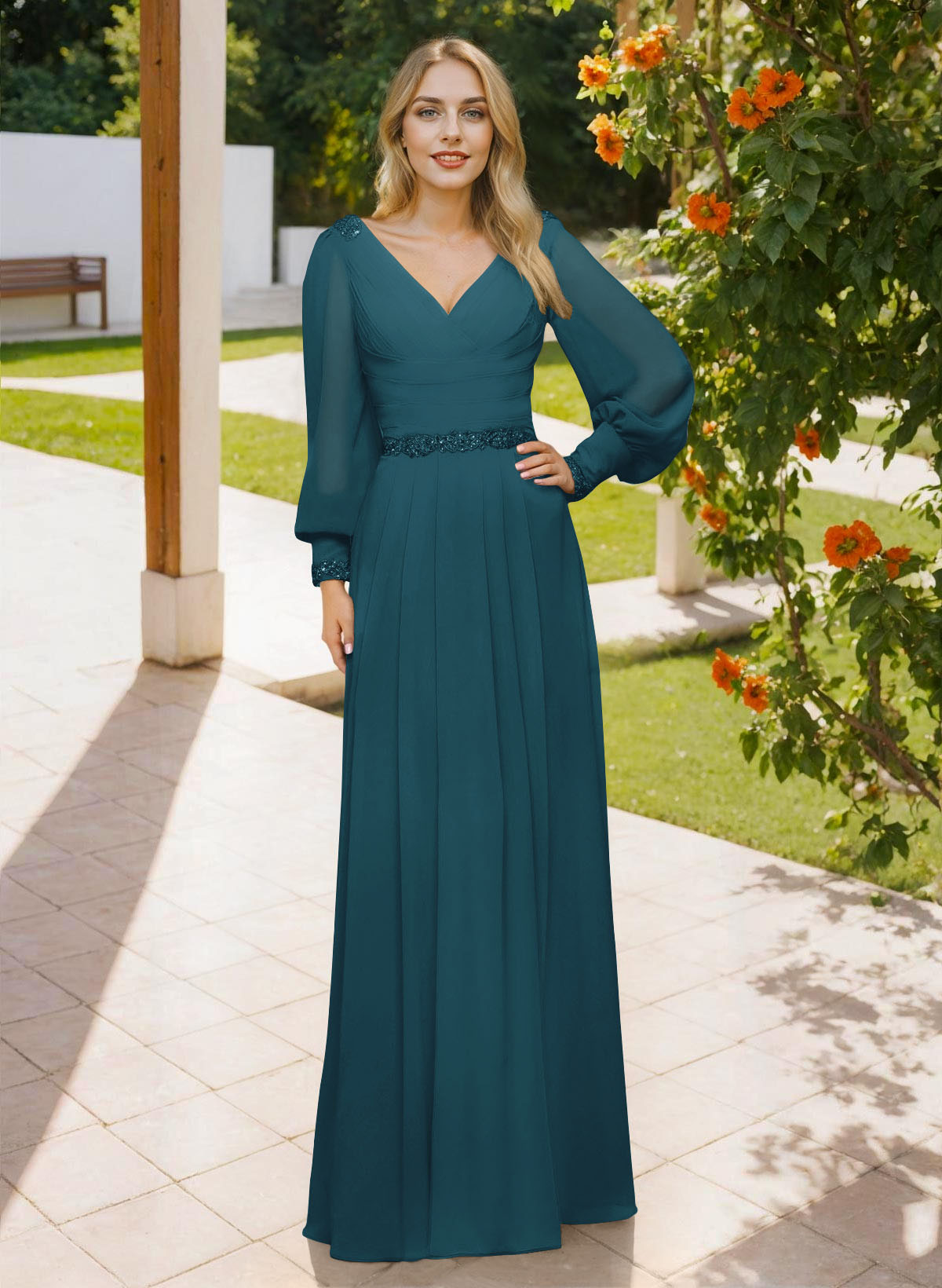 Long Sleeves V-Neck A-Line Lace Beading Bridesmaid Dresses, image 13