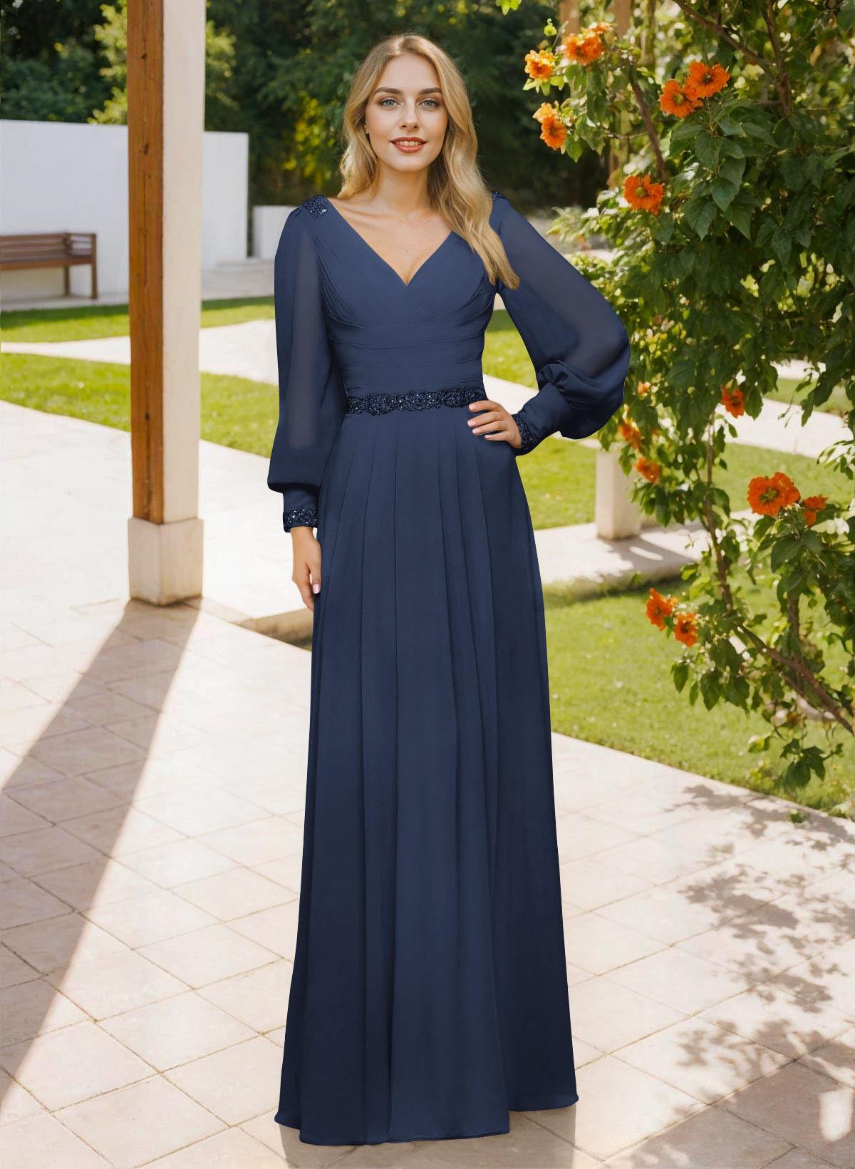 Long Sleeves V-Neck A-Line Lace Beading Bridesmaid Dresses, image 5
