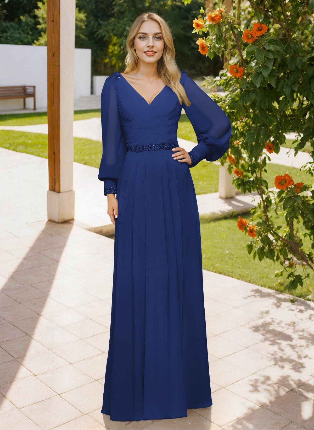 Long Sleeves V-Neck A-Line Lace Beading Bridesmaid Dresses, image 15