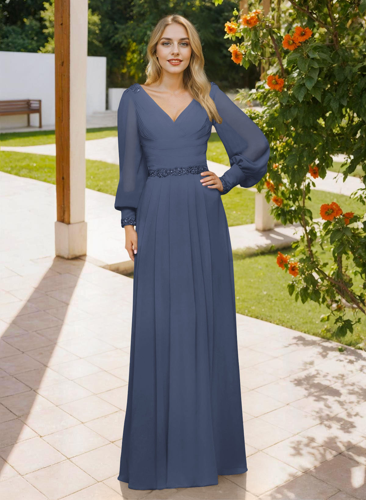 Long Sleeves V-Neck A-Line Lace Beading Bridesmaid Dresses, image 9