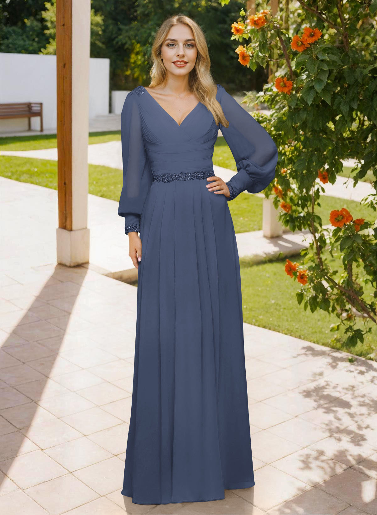 Long Sleeves V-Neck A-Line Lace Beading Bridesmaid Dresses, image 9