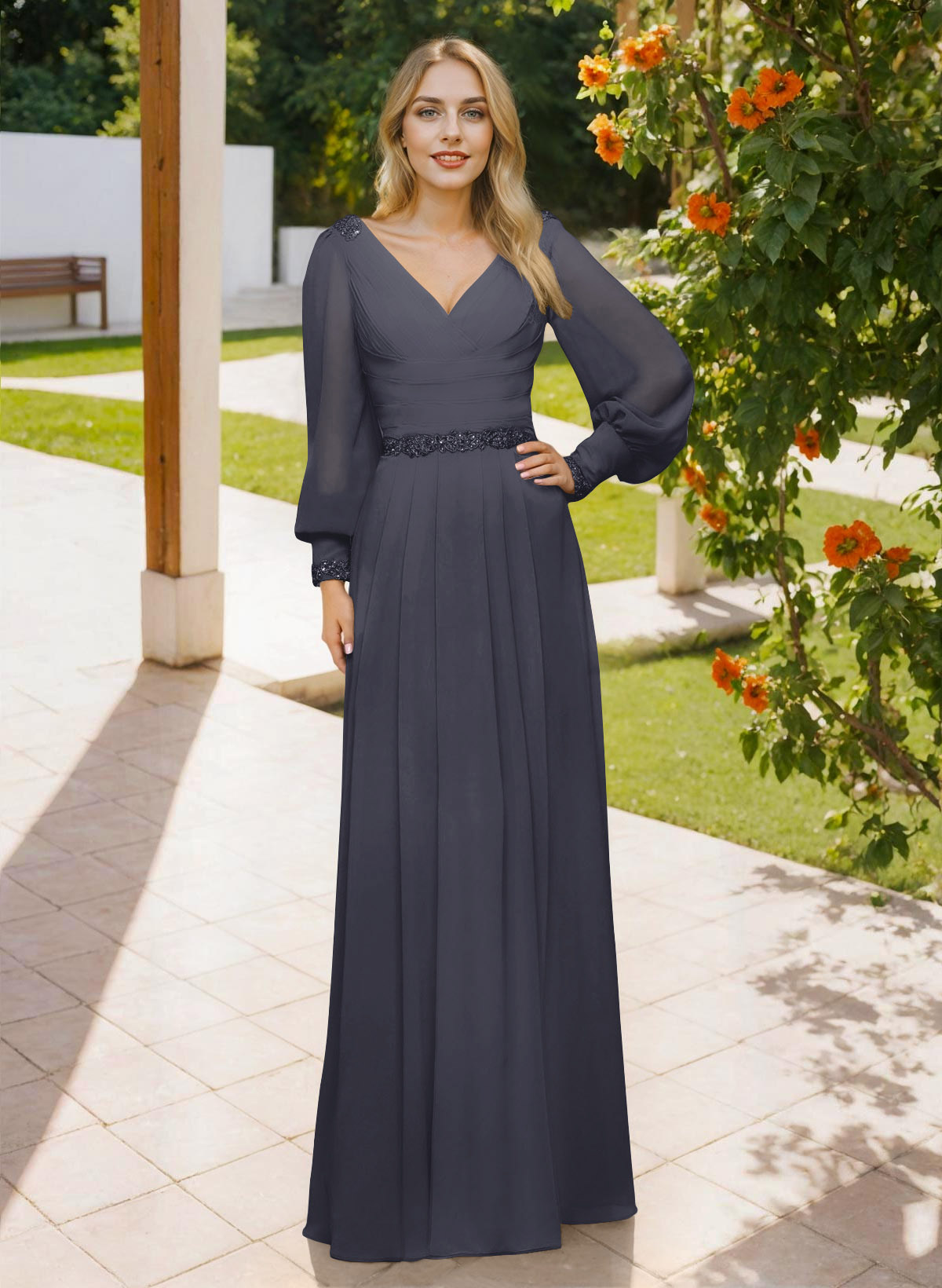 Long Sleeves V-Neck A-Line Lace Beading Bridesmaid Dresses, image 11