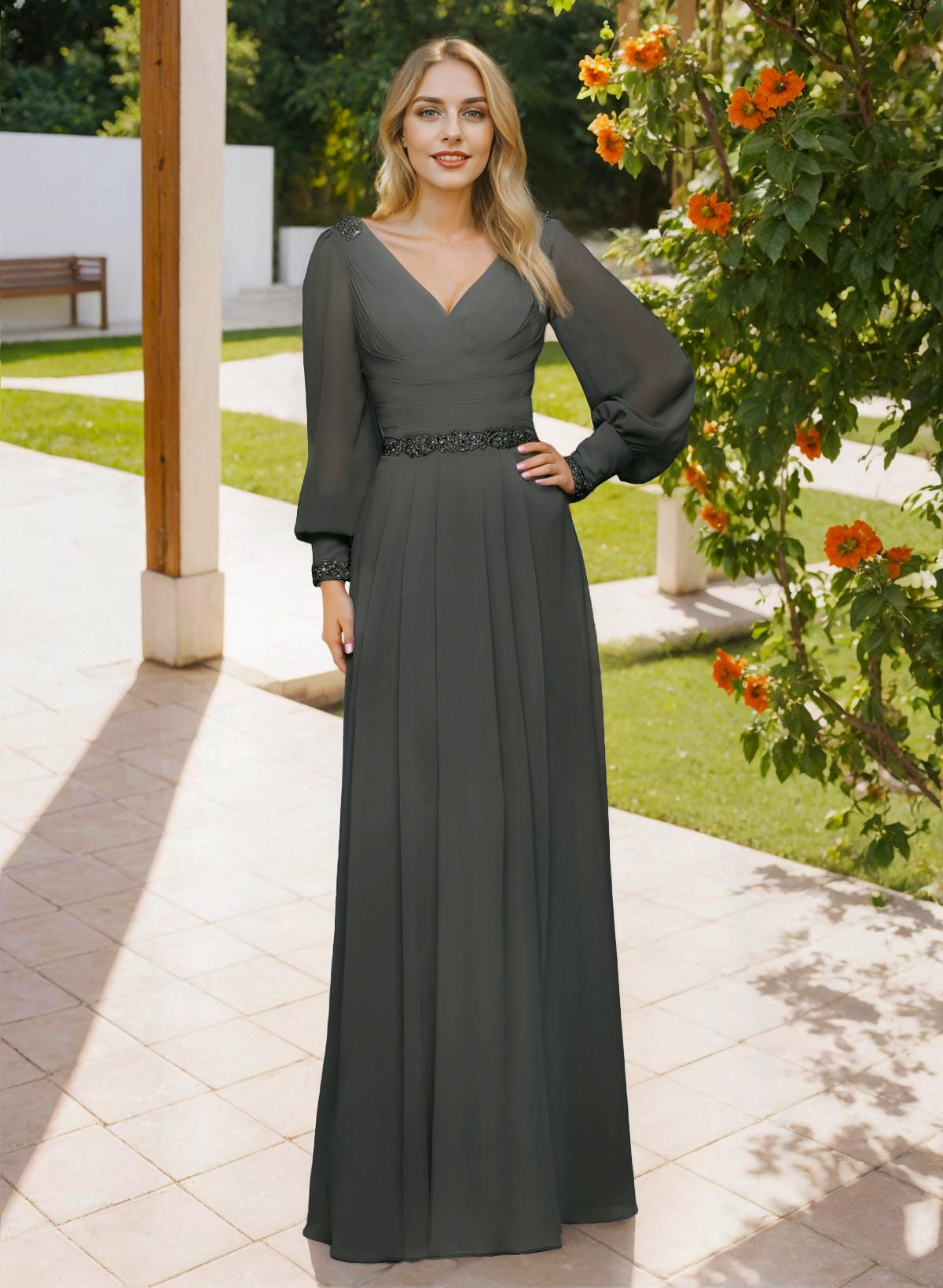 Long Sleeves V-Neck A-Line Lace Beading Bridesmaid Dresses, image 1