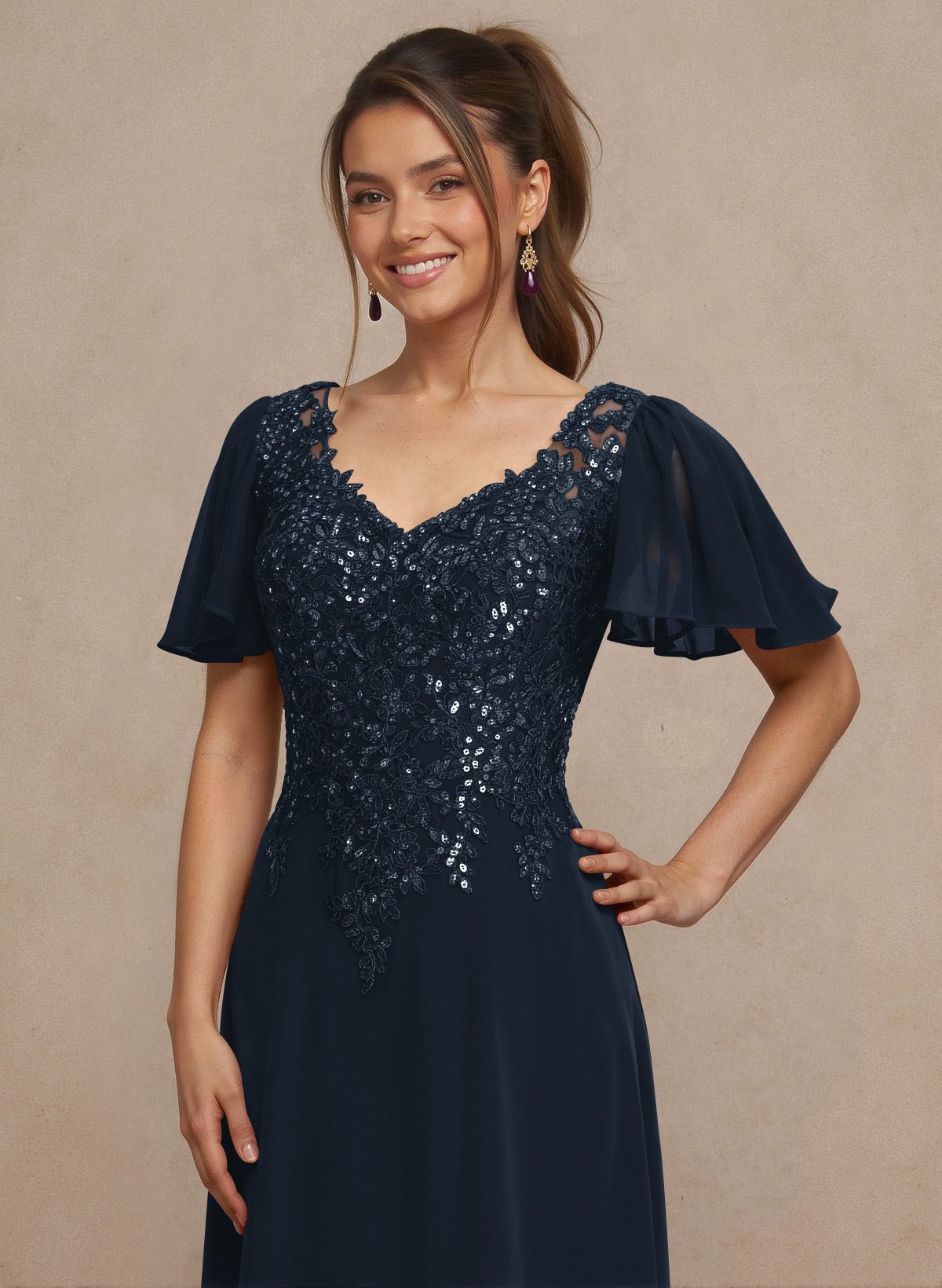 V-Neck Lace Sleeves A-Line Bridesmaid Dresses, image 12