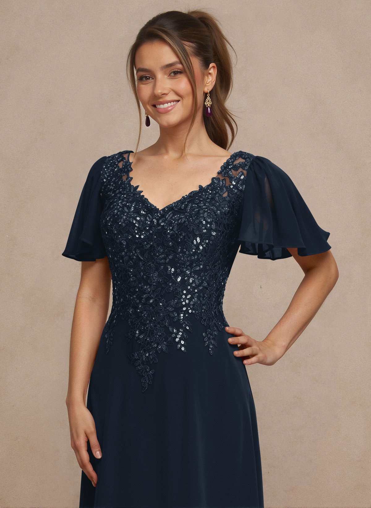 V-Neck Lace Sleeves A-Line Bridesmaid Dresses, image 12