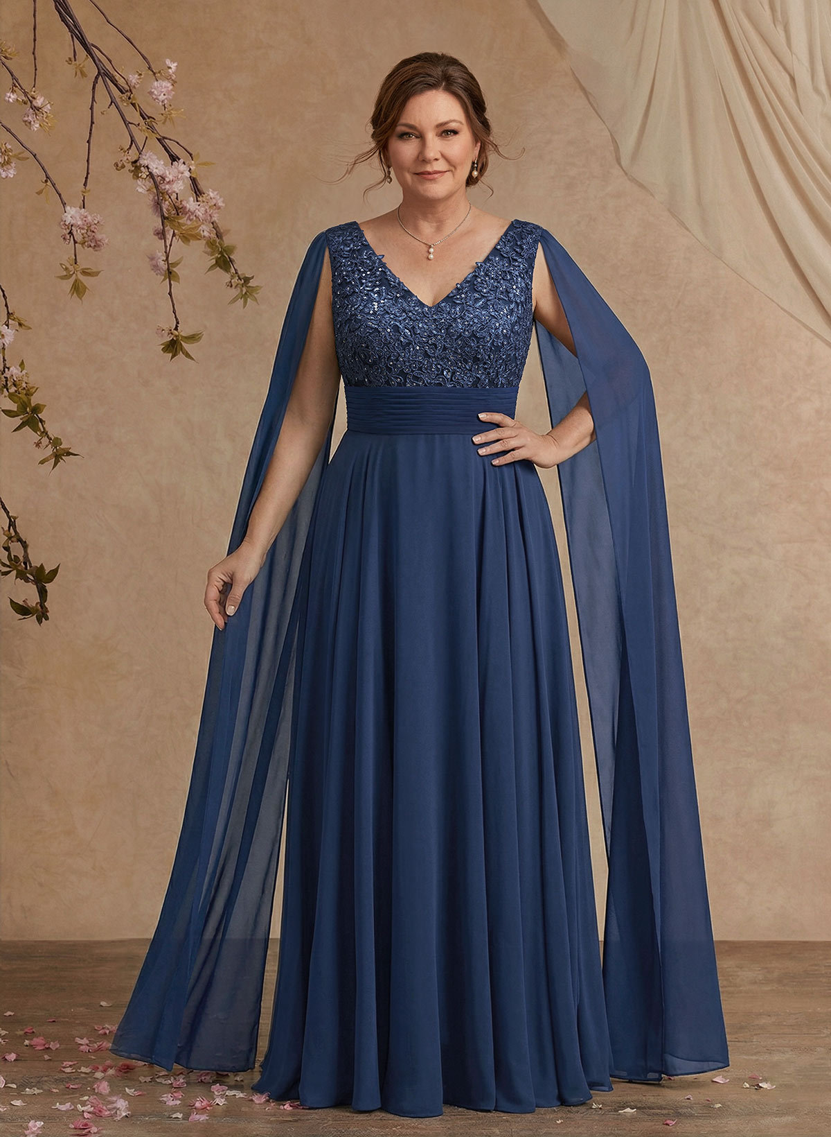 Unique Shoulder Side Drape V-Neck Chiffon Mother Of The Bride Dresses in Navy Blue, US2