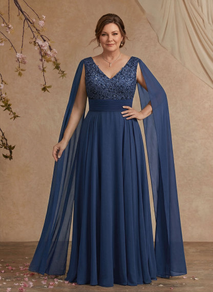 Unique Shoulder Side Drape V-Neck Chiffon Mother Of The Bride Dresses in Navy Blue, US2