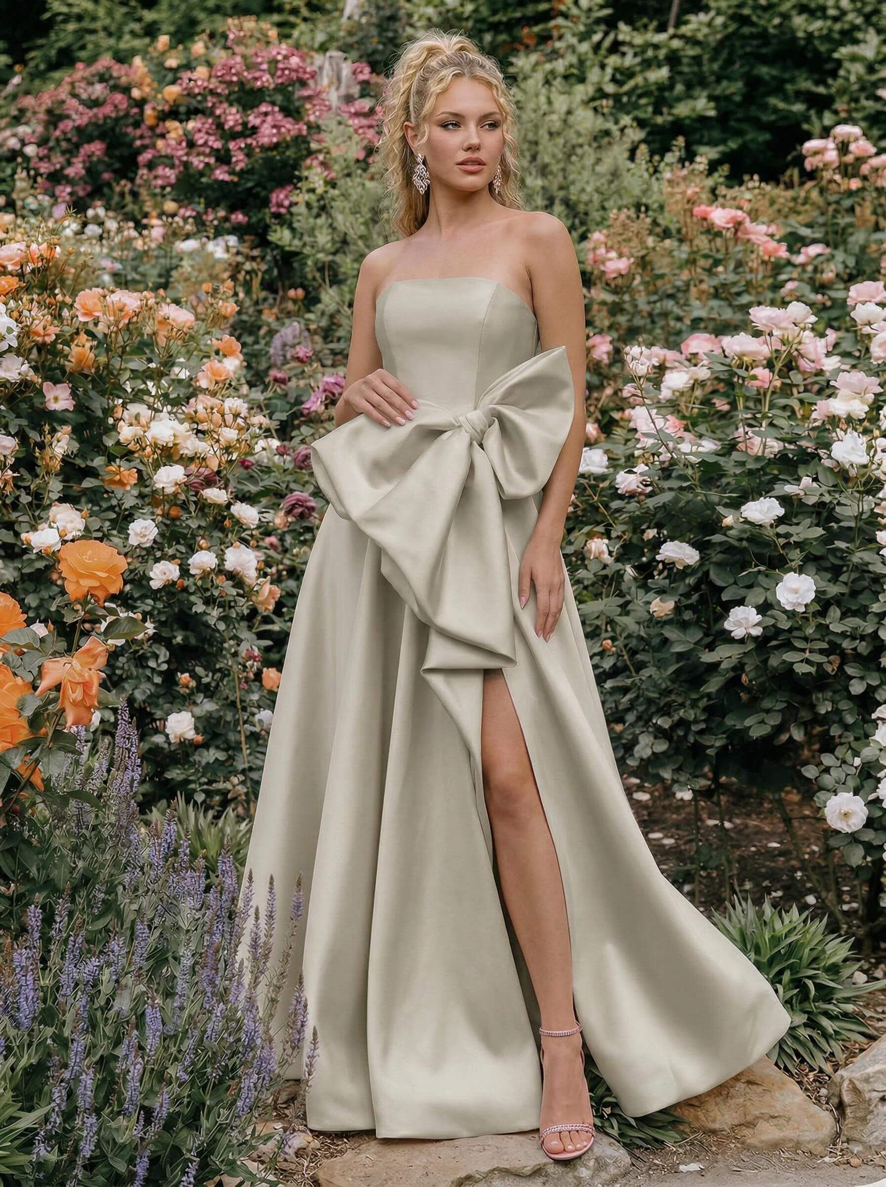 A-Line Strapless Sleeveless Floor-Length Satin Bridesmaid Dresses With Split Front/Bow(s)
