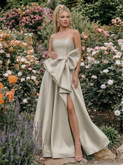 A-Line Strapless Sleeveless Floor-Length Satin Bridesmaid Dresses With Split Front/Bow(s)