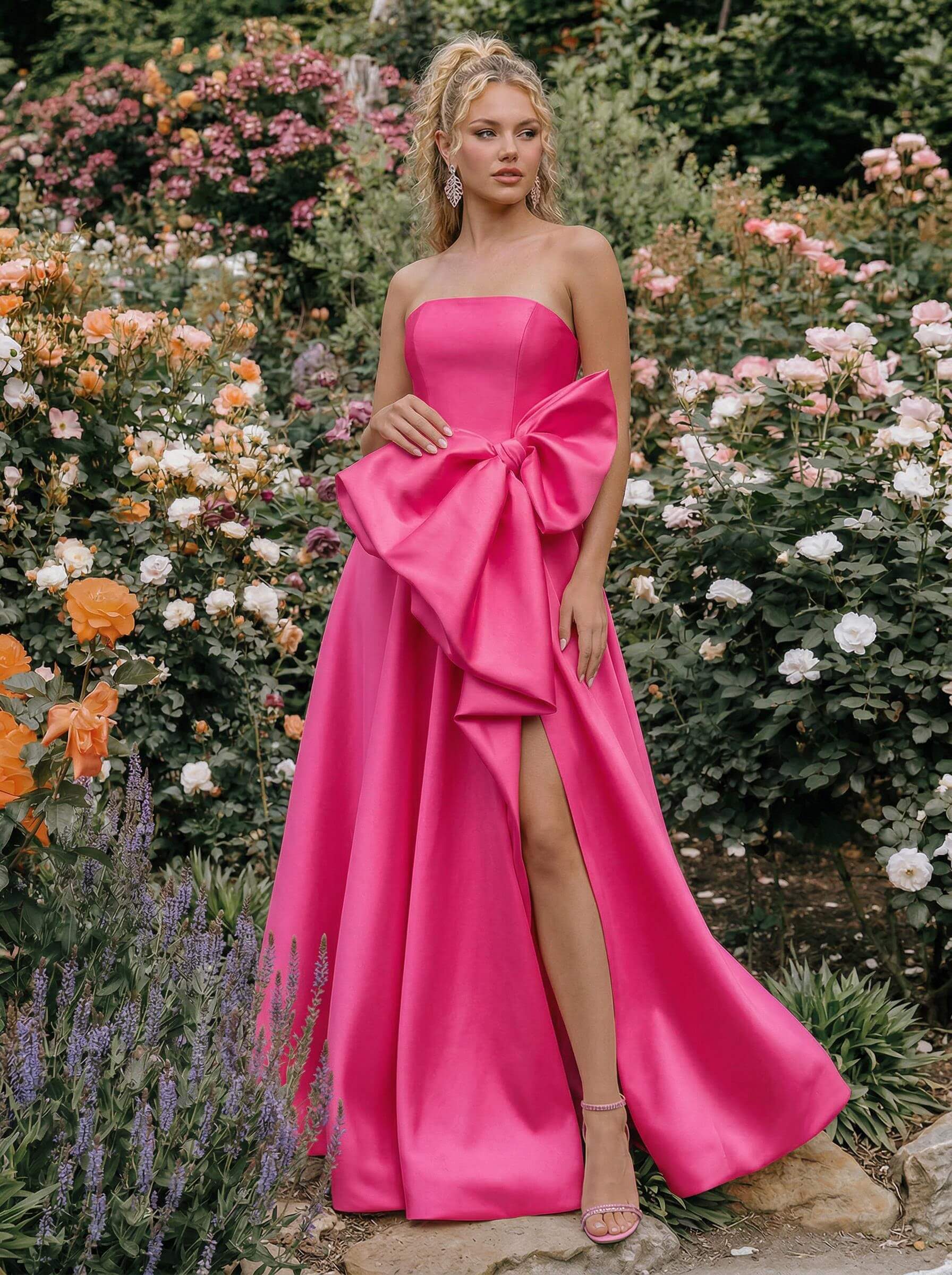 A-Line Strapless Sleeveless Floor-Length Satin Bridesmaid Dresses With Split Front/Bow(s)