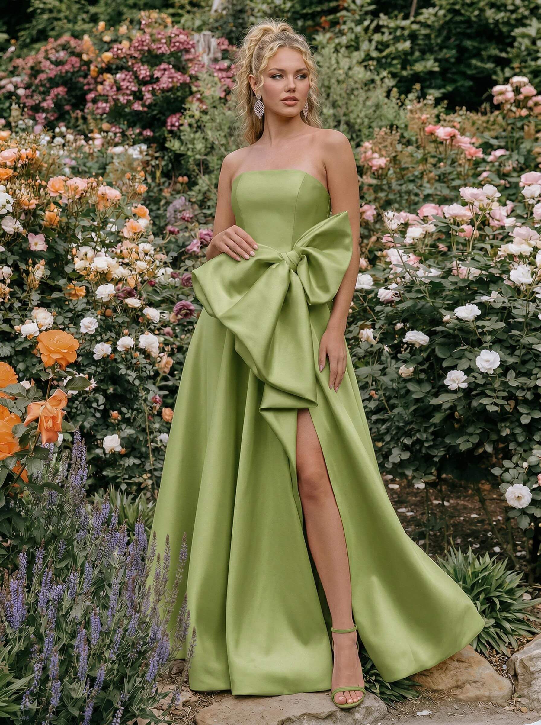 A-Line Strapless Sleeveless Floor-Length Satin Bridesmaid Dresses With Split Front/Bow(s)