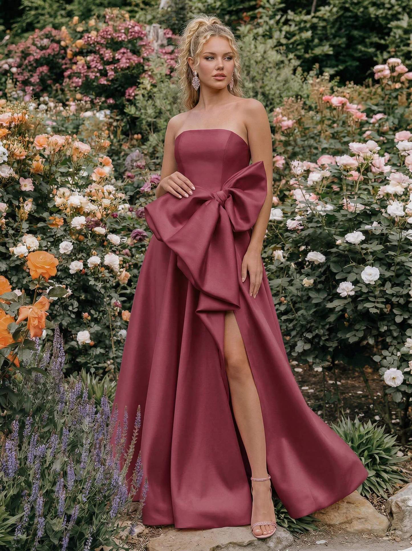 A-Line Strapless Sleeveless Floor-Length Satin Bridesmaid Dresses With Split Front/Bow(s)