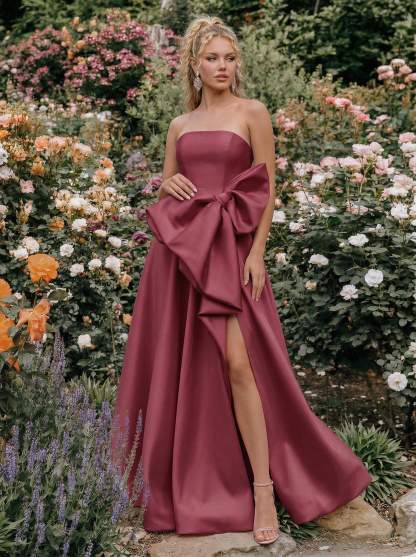 A-Line Strapless Sleeveless Floor-Length Satin Bridesmaid Dresses With Split Front/Bow(s)