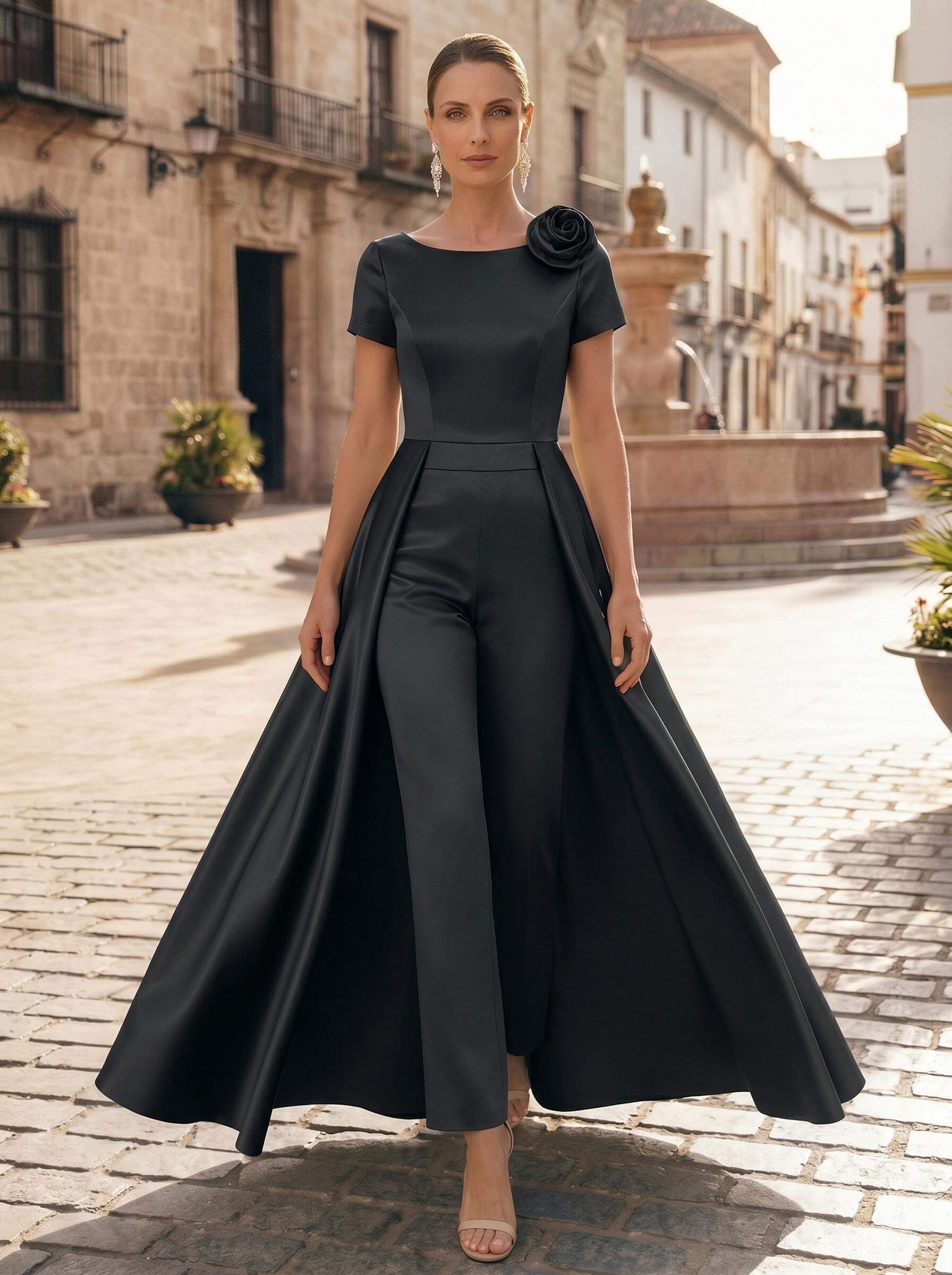 Pantsuit Scoop Neck Short Sleeves Ankle-Length Satin Mother Of The Bride Dresses