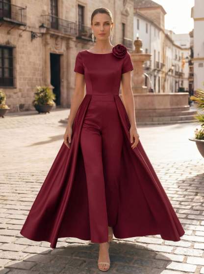 Pantsuit Scoop Neck Short Sleeves Ankle-Length Satin Mother Of The Bride Dresses