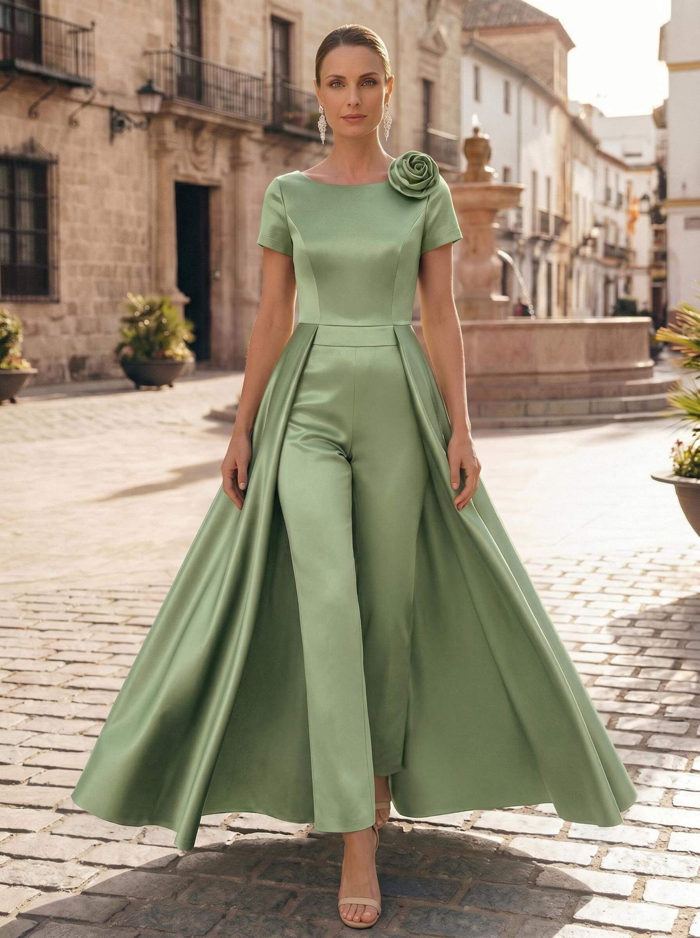 Pantsuit Scoop Neck Short Sleeves Ankle-Length Satin Mother Of The Bride Dresses