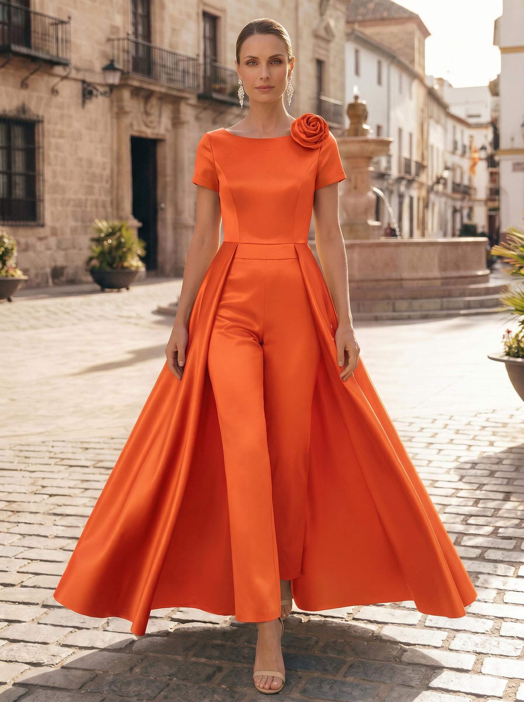 Pantsuit Scoop Neck Short Sleeves Ankle-Length Satin Mother Of The Bride Dresses