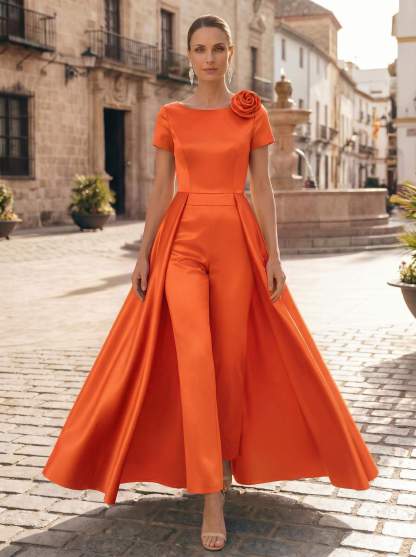 Pantsuit Scoop Neck Short Sleeves Ankle-Length Satin Mother Of The Bride Dresses