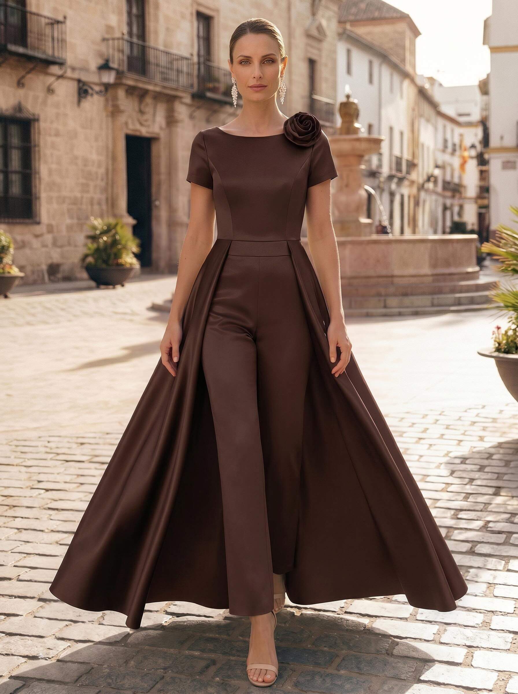 Pantsuit Scoop Neck Short Sleeves Ankle-Length Satin Mother Of The Bride Dresses