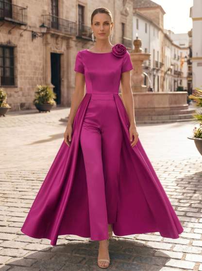Pantsuit Scoop Neck Short Sleeves Ankle-Length Satin Mother Of The Bride Dresses