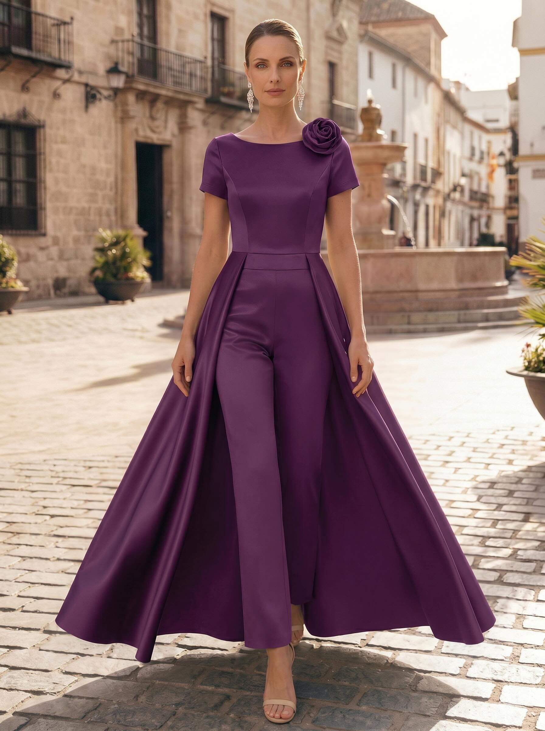 Pantsuit Scoop Neck Short Sleeves Ankle-Length Satin Mother Of The Bride Dresses