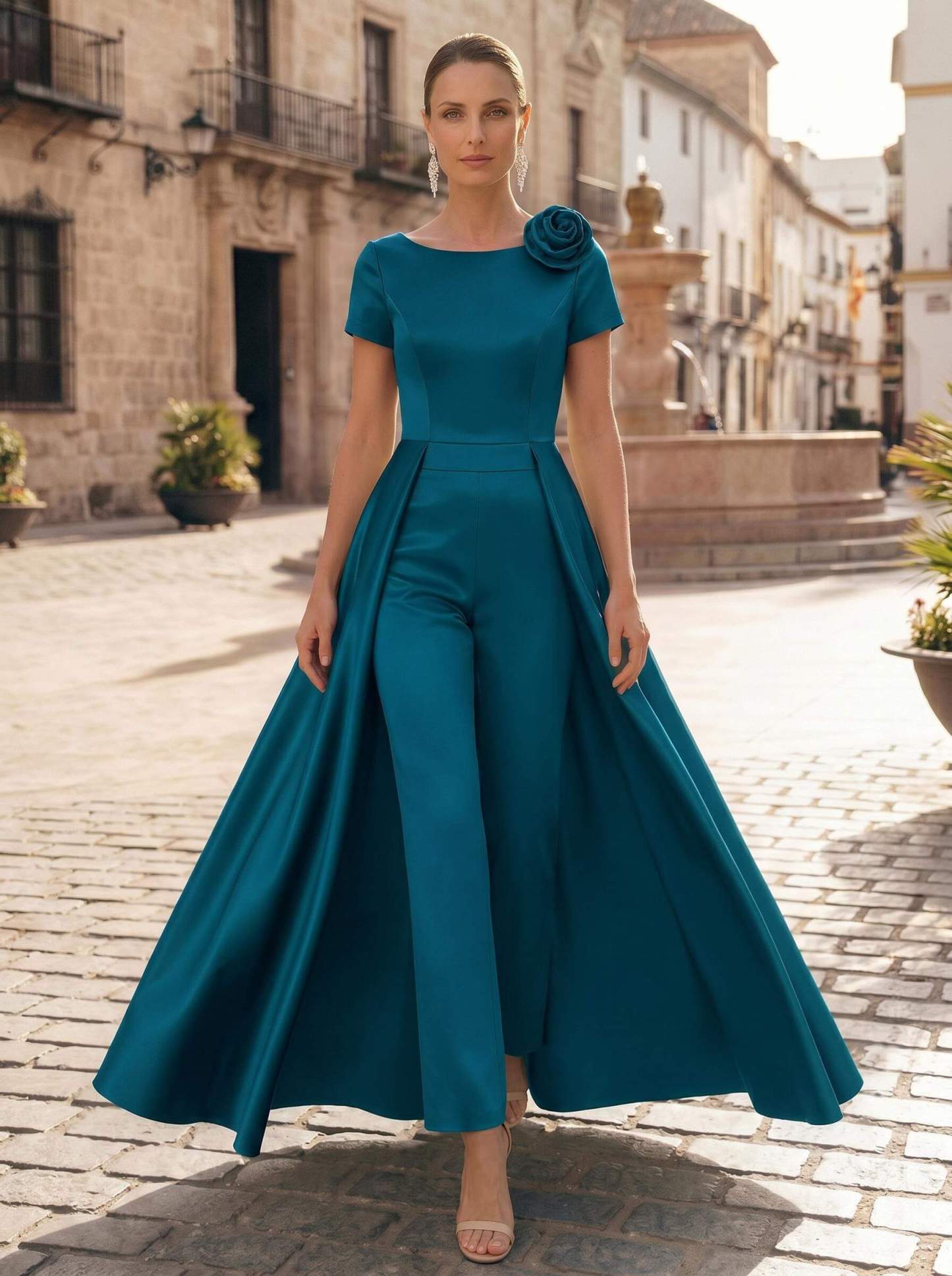 Pantsuit Scoop Neck Short Sleeves Ankle-Length Satin Mother Of The Bride Dresses