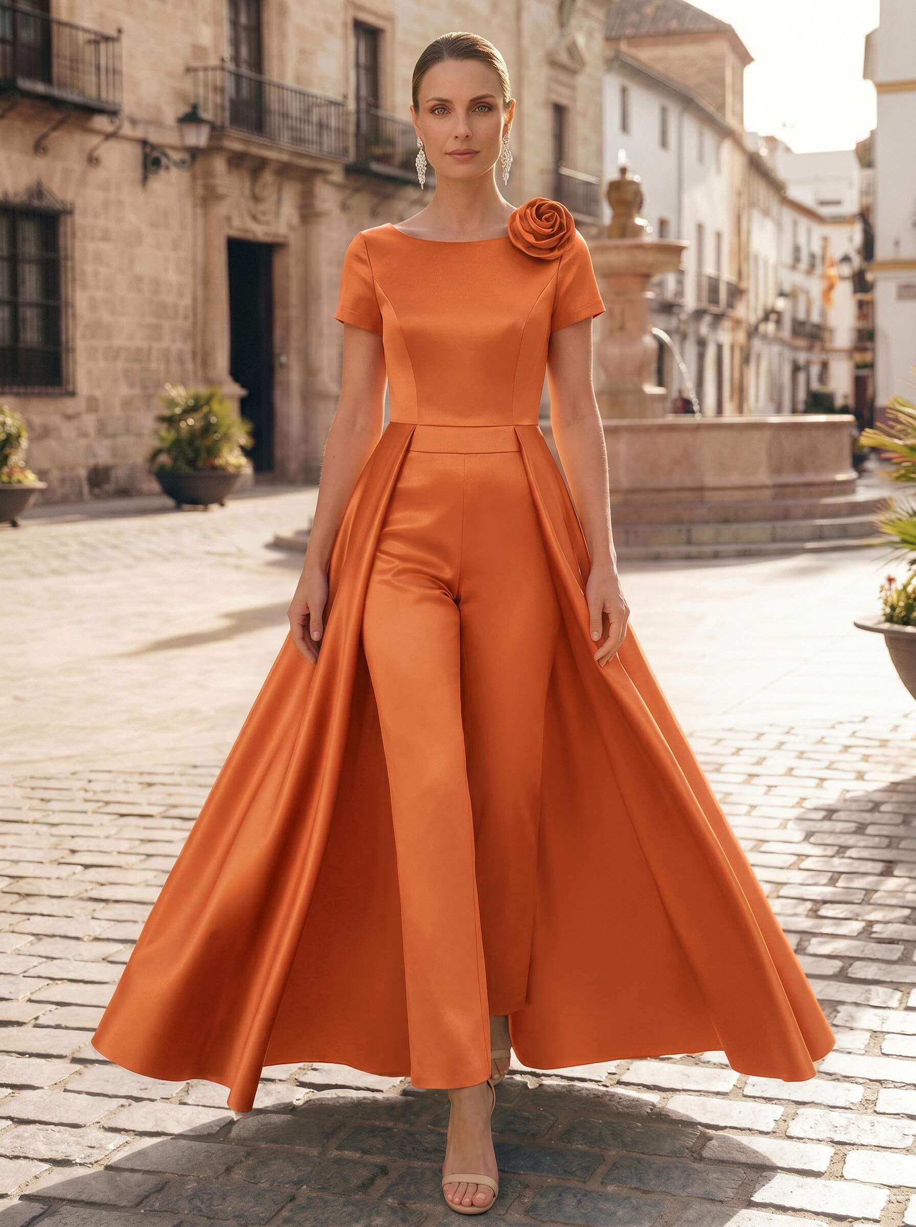 Pantsuit Scoop Neck Short Sleeves Ankle-Length Satin Mother Of The Bride Dresses