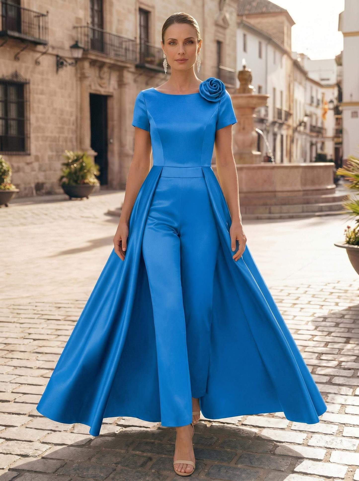 Pantsuit Scoop Neck Short Sleeves Ankle-Length Satin Mother Of The Bride Dresses