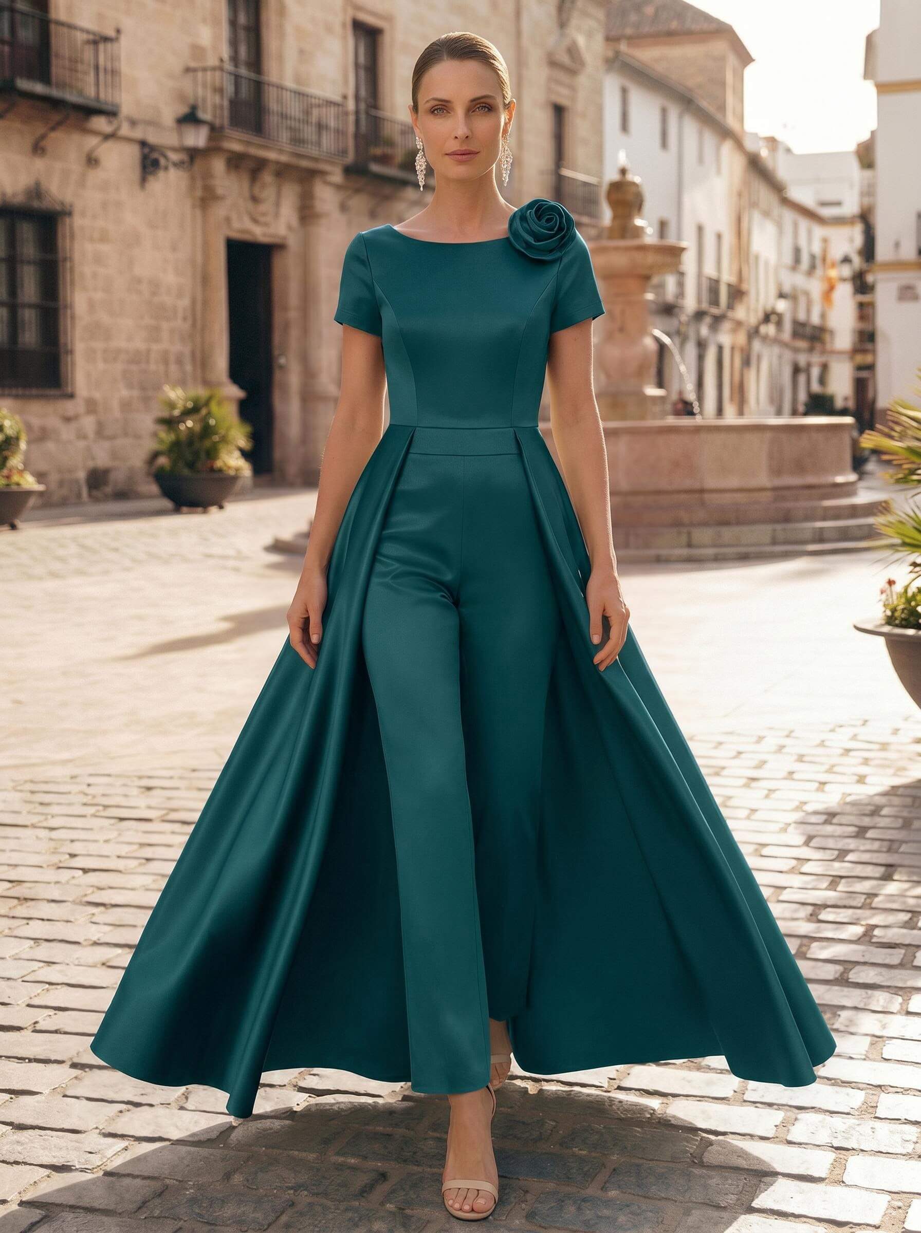 Pantsuit Scoop Neck Short Sleeves Ankle-Length Satin Mother Of The Bride Dresses