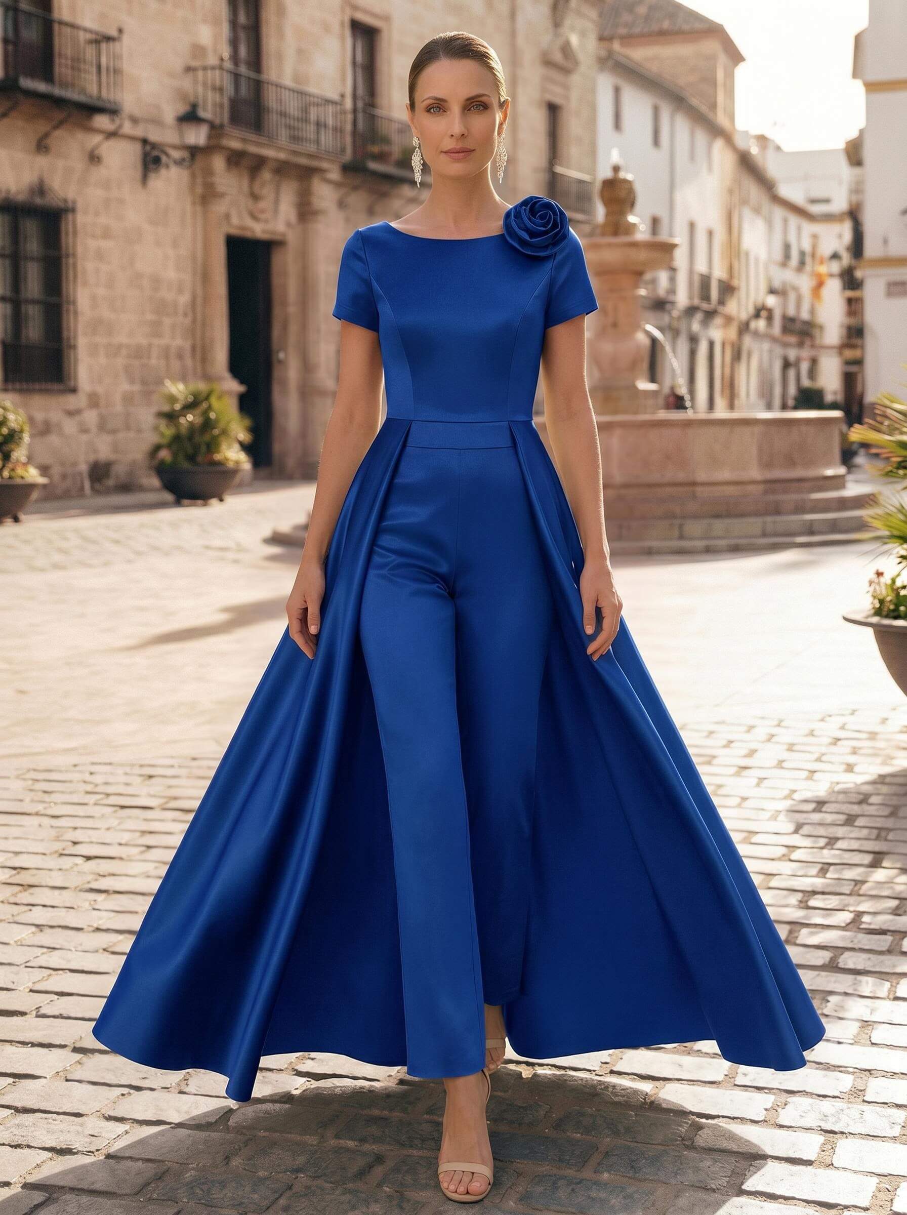 Pantsuit Scoop Neck Short Sleeves Ankle-Length Satin Mother Of The Bride Dresses