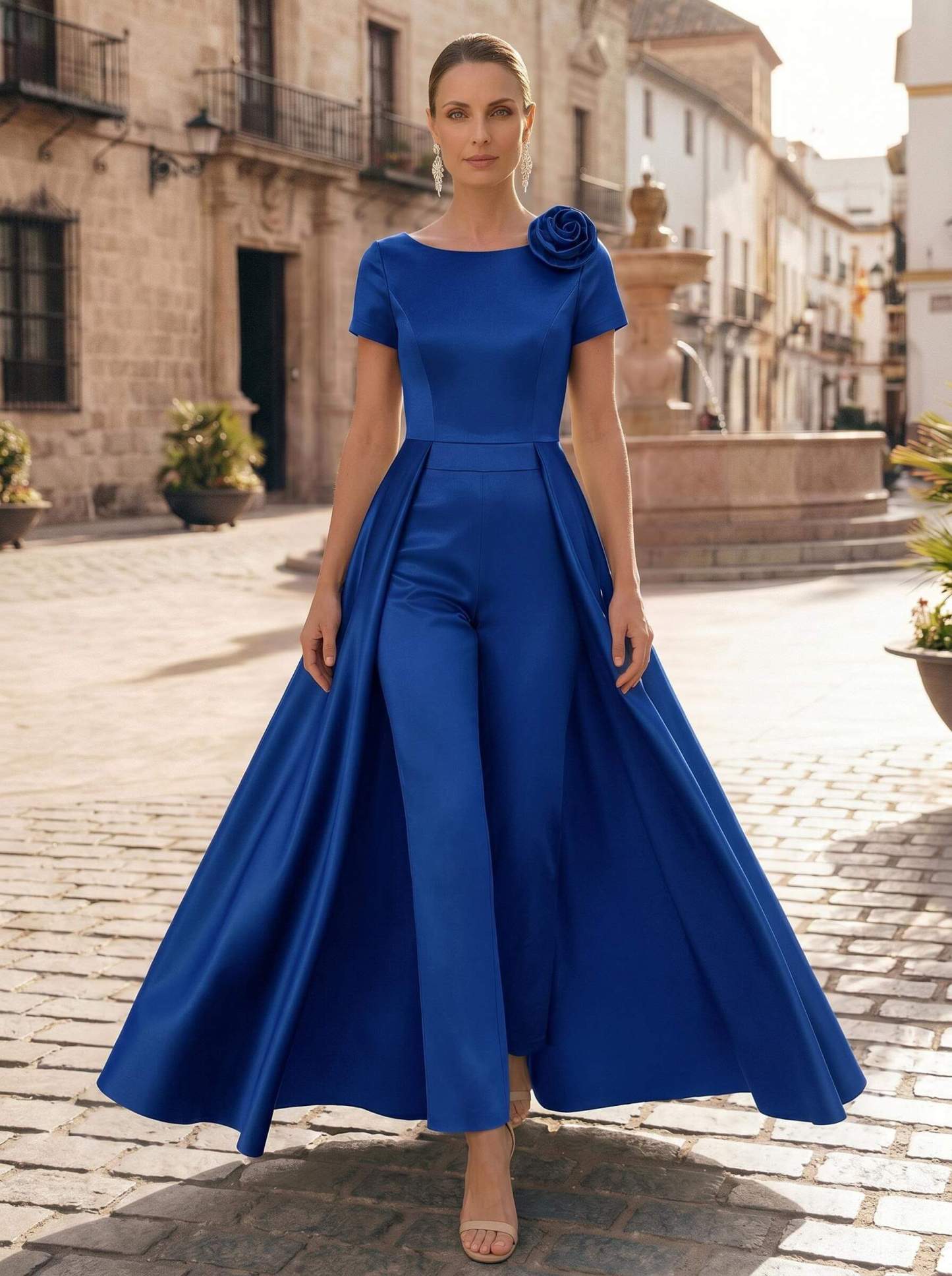 Pantsuit Scoop Neck Short Sleeves Ankle-Length Satin Mother Of The Bride Dresses