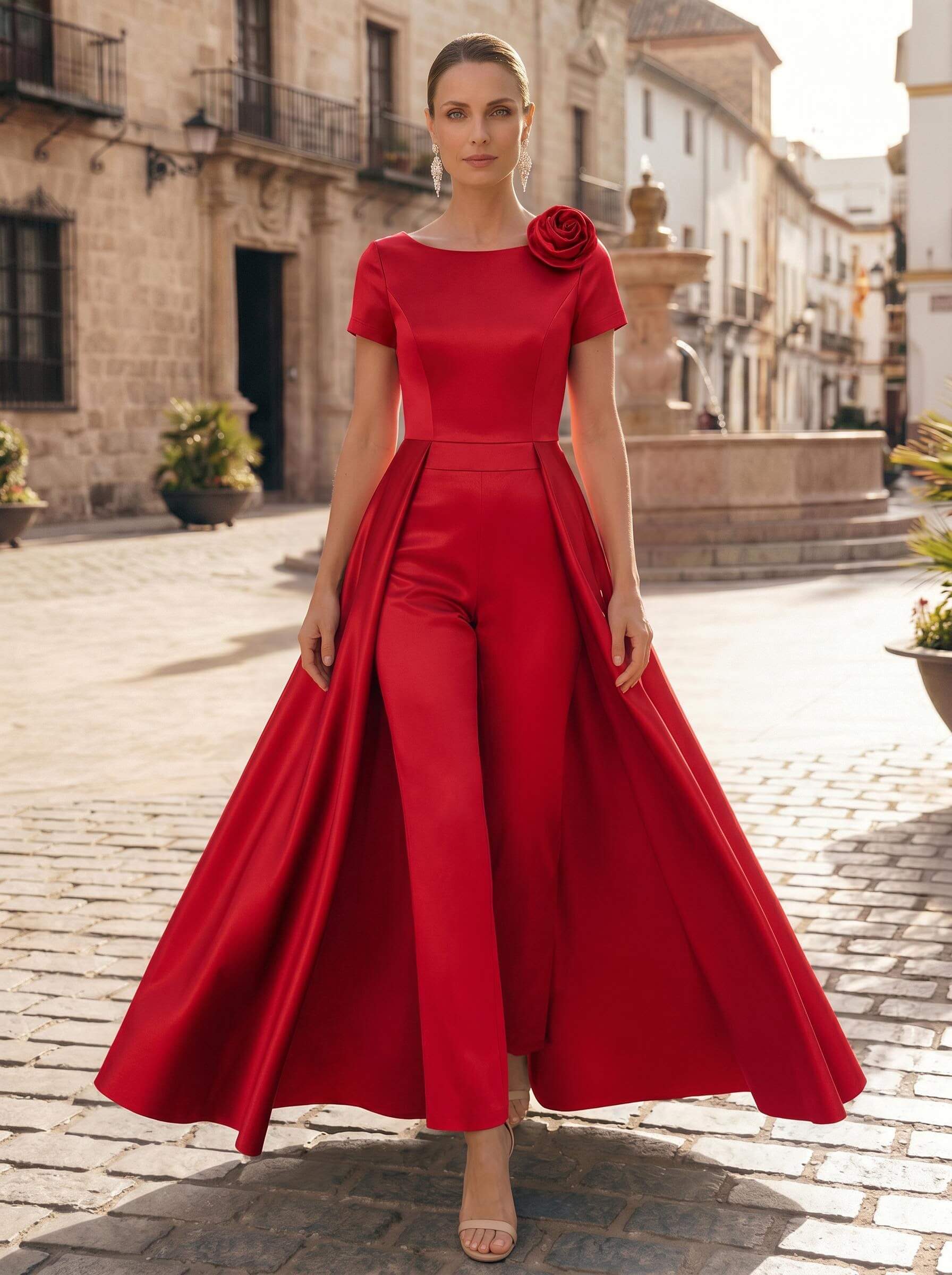Pantsuit Scoop Neck Short Sleeves Ankle-Length Satin Mother Of The Bride Dresses
