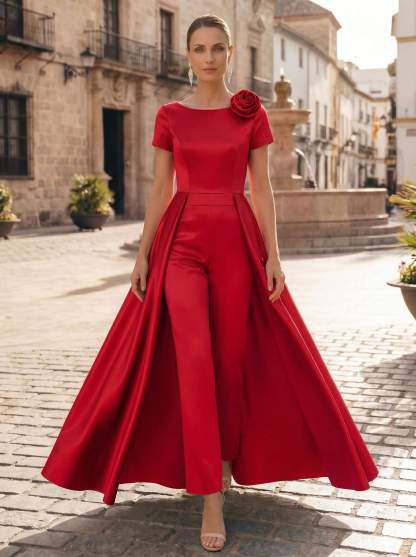 Pantsuit Scoop Neck Short Sleeves Ankle-Length Satin Mother Of The Bride Dresses