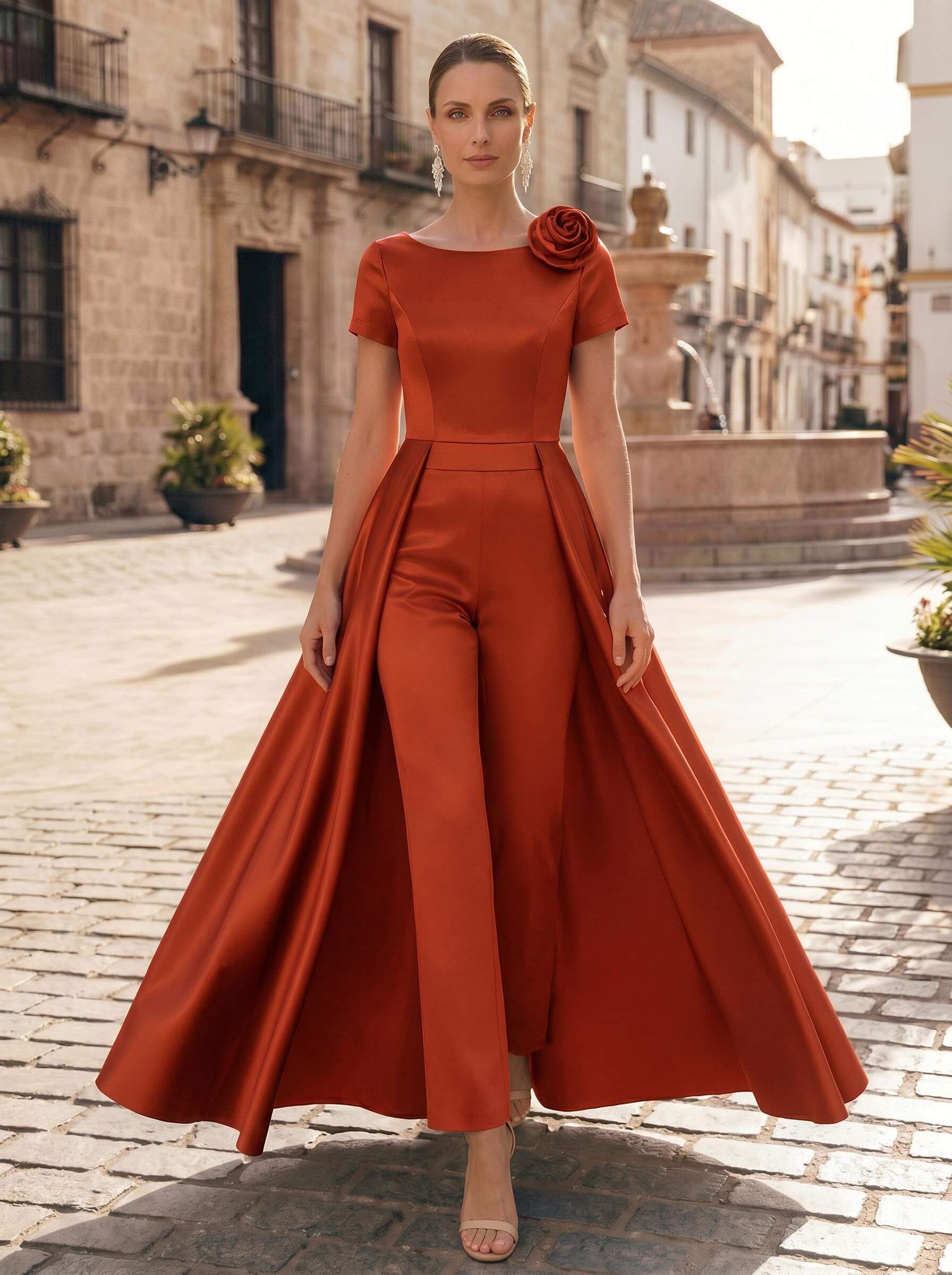 Pantsuit Scoop Neck Short Sleeves Ankle-Length Satin Mother Of The Bride Dresses