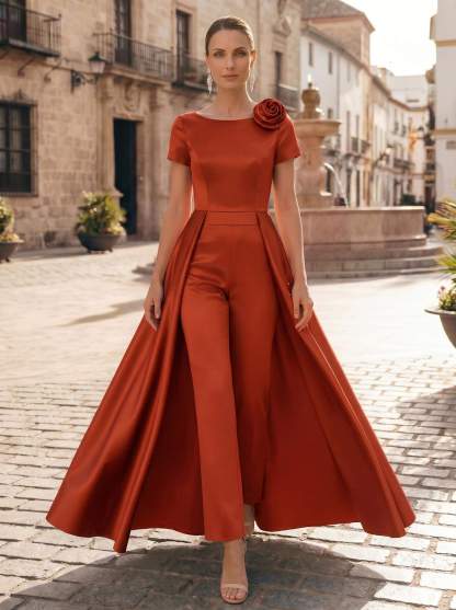 Pantsuit Scoop Neck Short Sleeves Ankle-Length Satin Mother Of The Bride Dresses