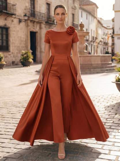 Pantsuit Scoop Neck Short Sleeves Ankle-Length Satin Mother Of The Bride Dresses