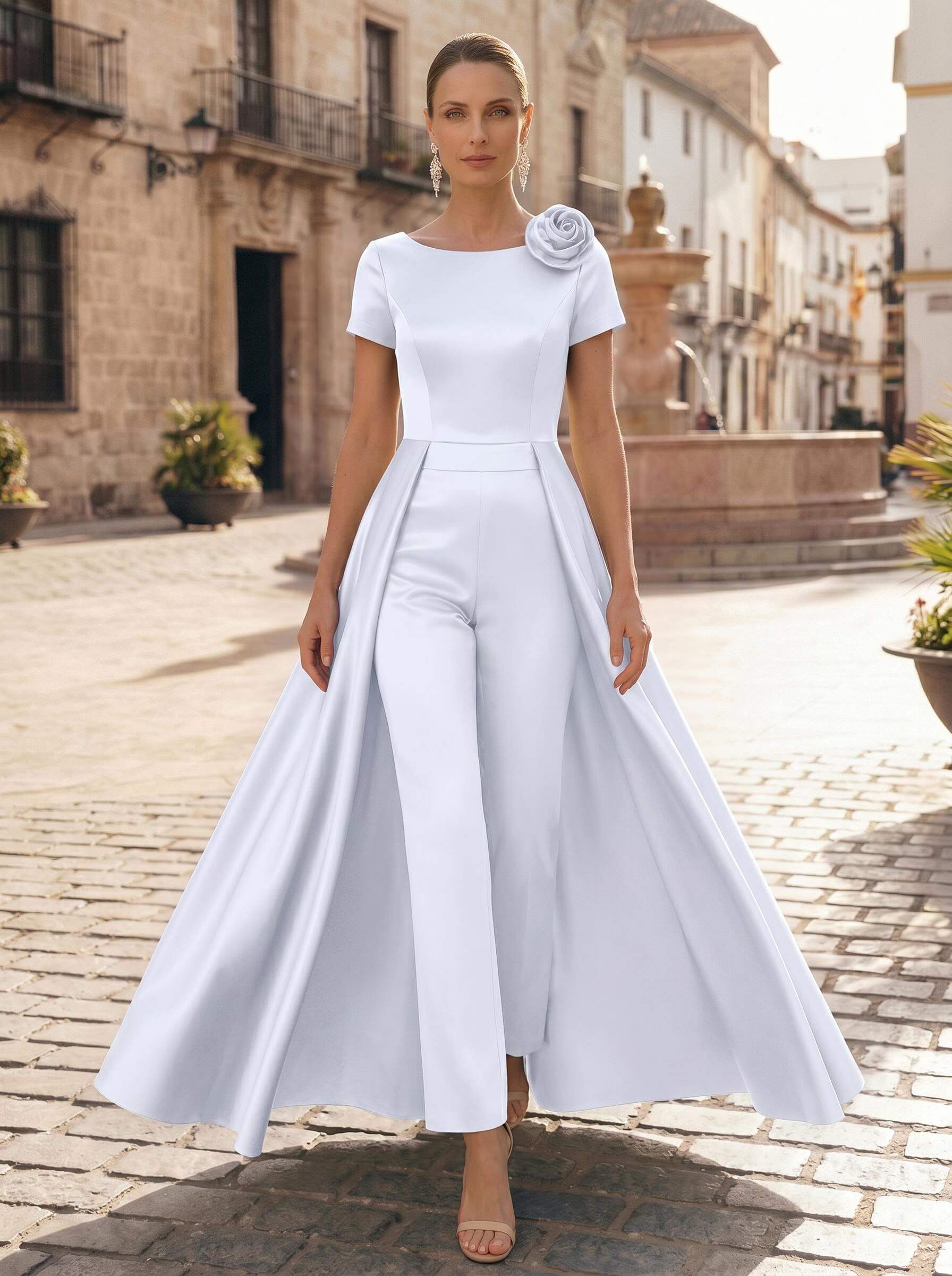 Pantsuit Scoop Neck Short Sleeves Ankle-Length Satin Mother Of The Bride Dresses