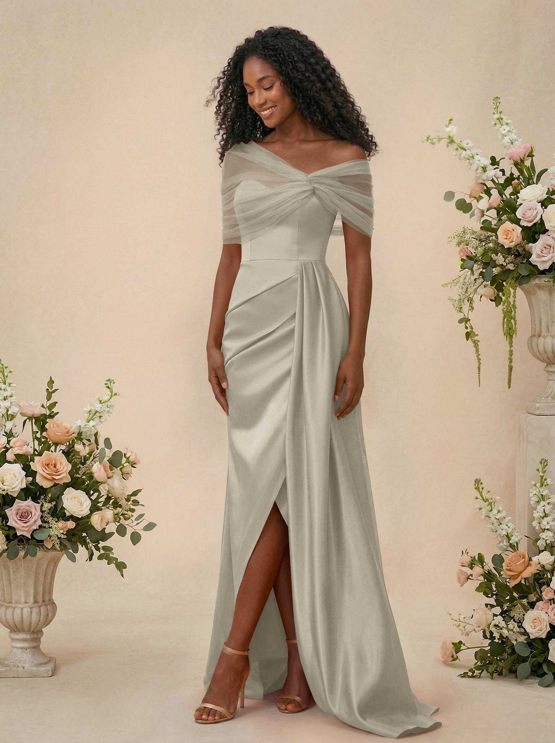 Trumpet/Mermaid Off-The-Shoulder Satin/Tulle Bridesmaid Dresses With Split Front, product image 241