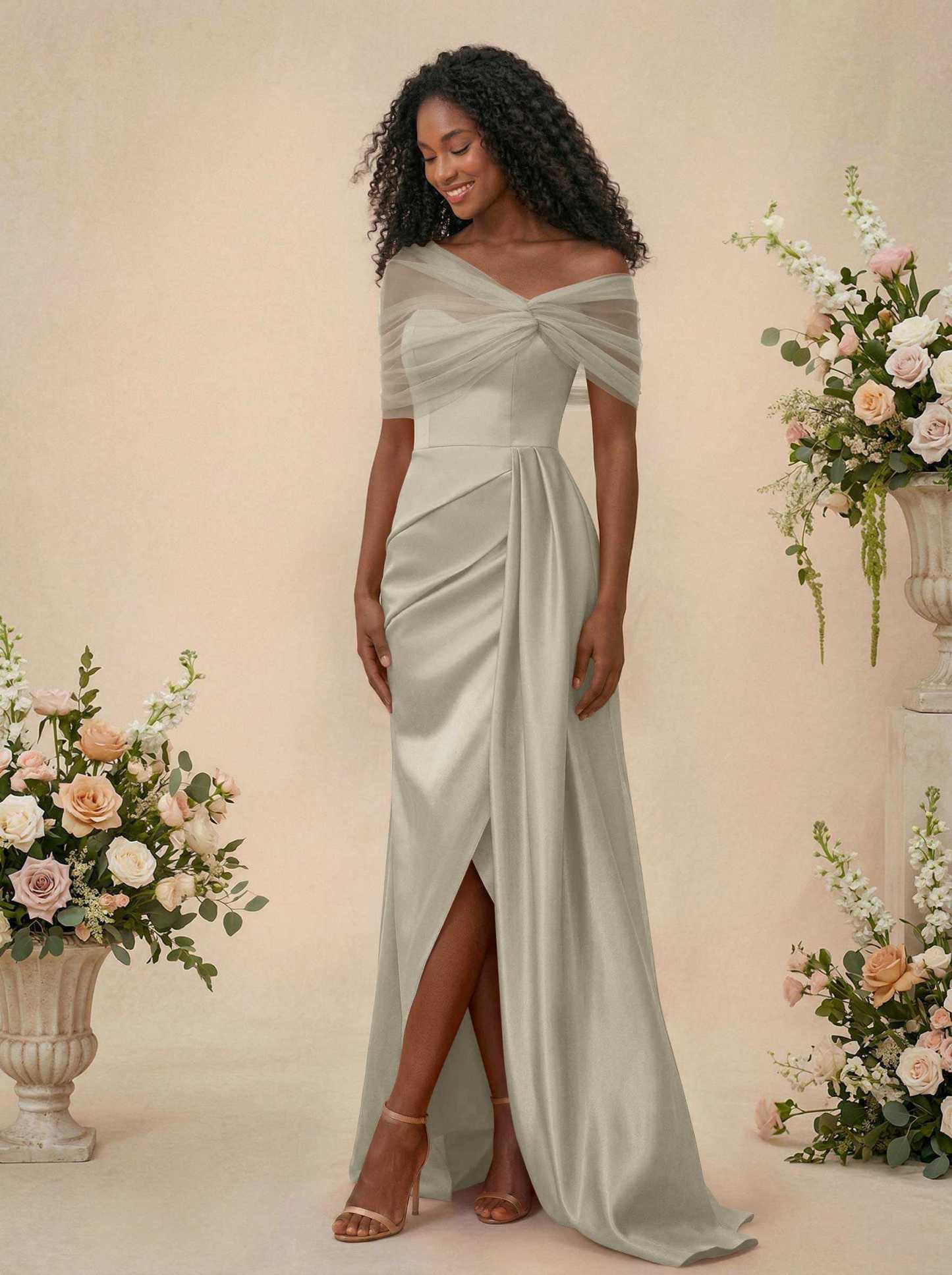Trumpet/Mermaid Off-The-Shoulder Satin/Tulle Bridesmaid Dresses With Split Front, product image 241