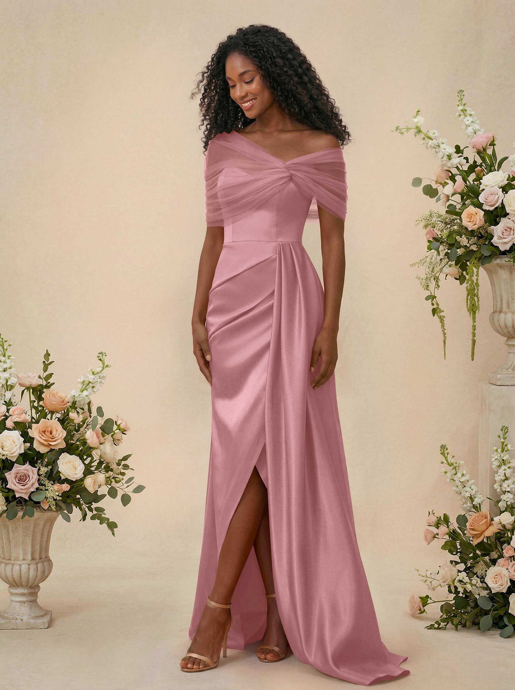 Trumpet/Mermaid Off-The-Shoulder Satin/Tulle Bridesmaid Dresses With Split Front, product image 89