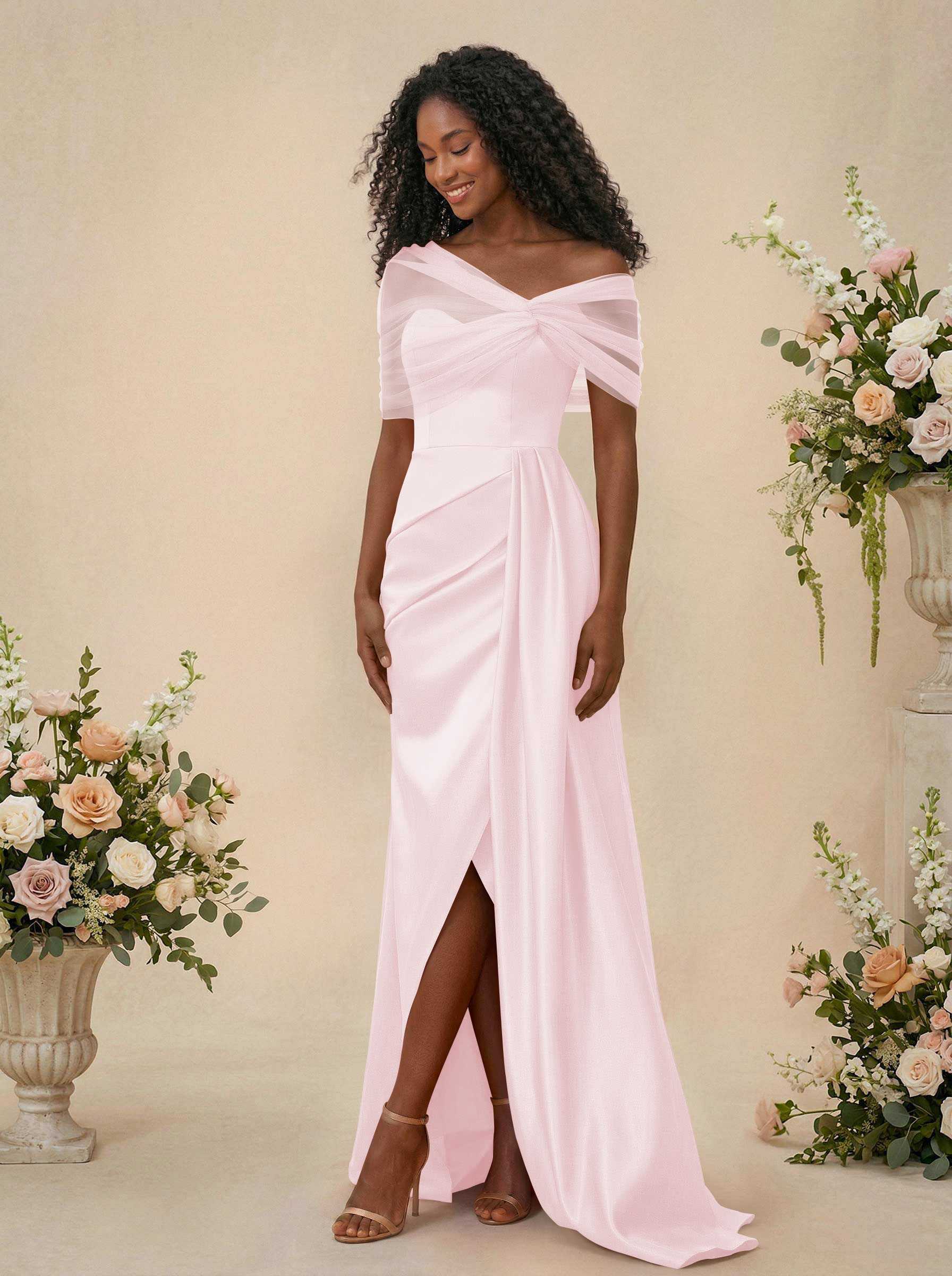 Trumpet/Mermaid Off-The-Shoulder Satin/Tulle Bridesmaid Dresses With Split Front, product image 101