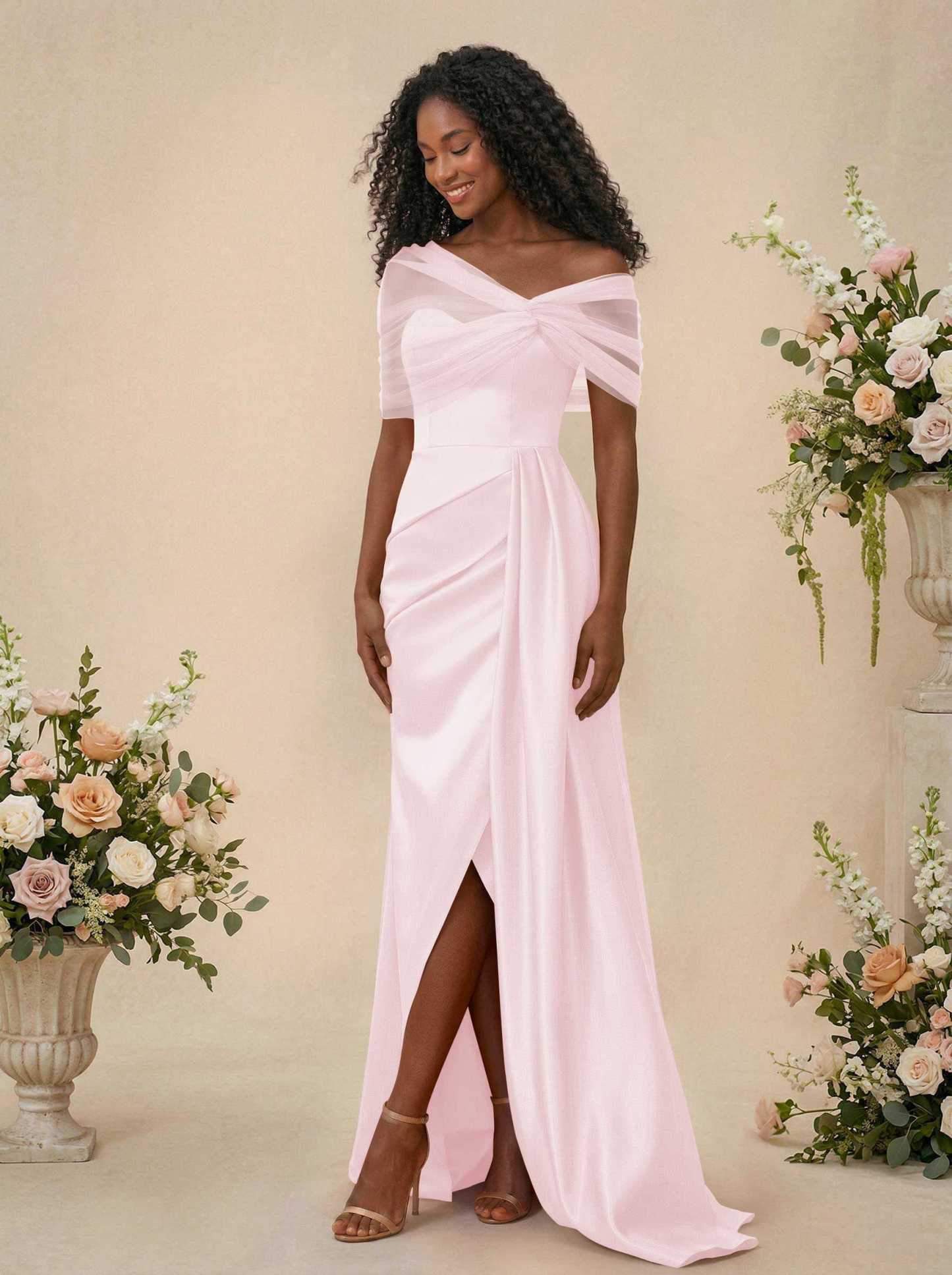 Trumpet/Mermaid Off-The-Shoulder Satin/Tulle Bridesmaid Dresses With Split Front, product image 101