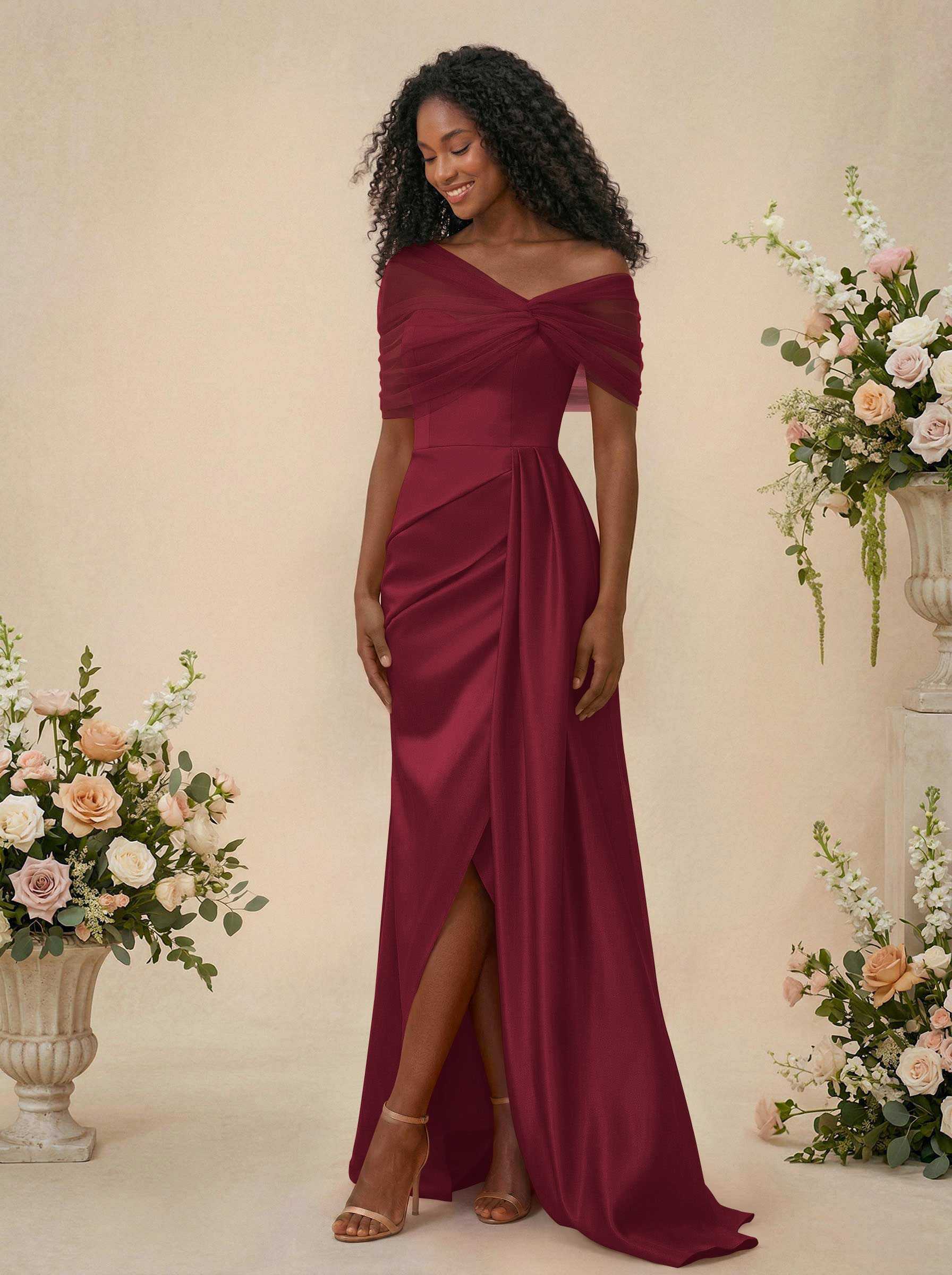 Trumpet/Mermaid Off-The-Shoulder Satin/Tulle Bridesmaid Dresses With Split Front, product image 57