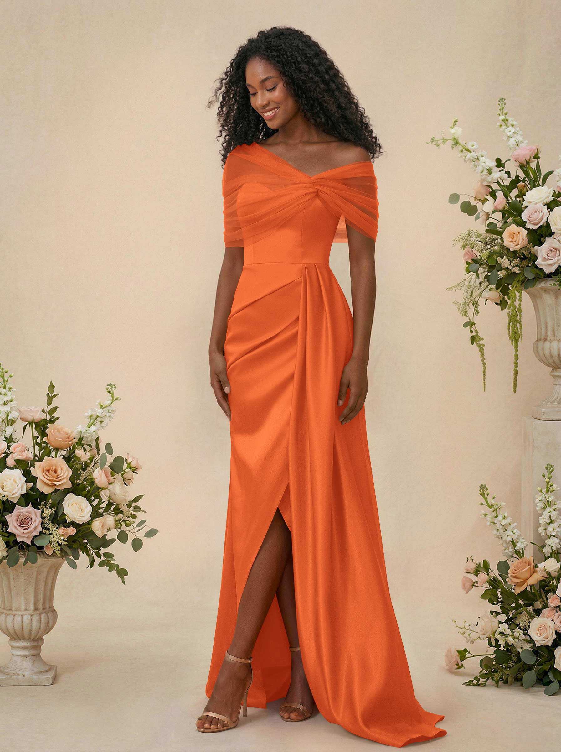 Trumpet/Mermaid Off-The-Shoulder Satin/Tulle Bridesmaid Dresses With Split Front, product image 253