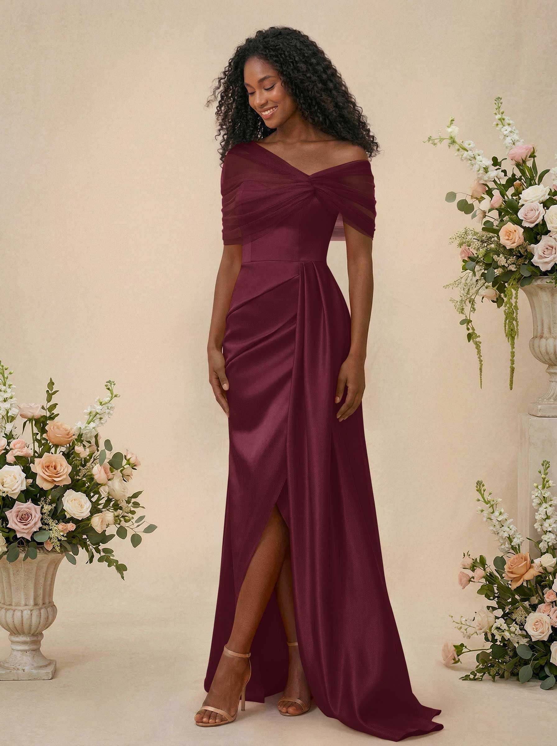 Trumpet/Mermaid Off-The-Shoulder Satin/Tulle Bridesmaid Dresses With Split Front, product image 53