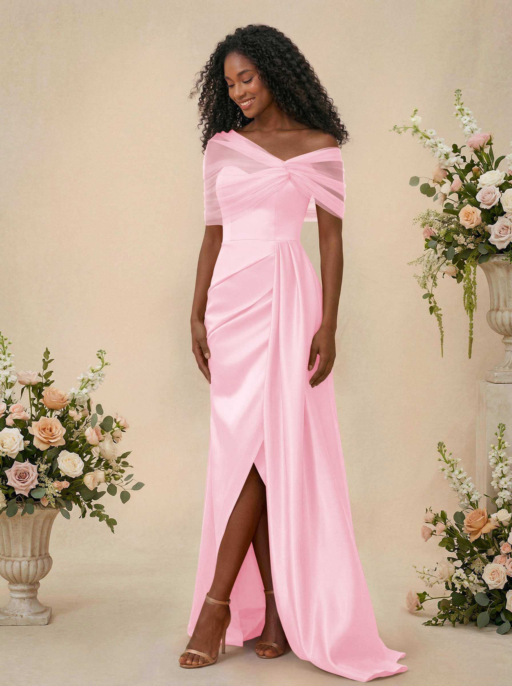 Trumpet/Mermaid Off-The-Shoulder Satin/Tulle Bridesmaid Dresses With Split Front, product image 105